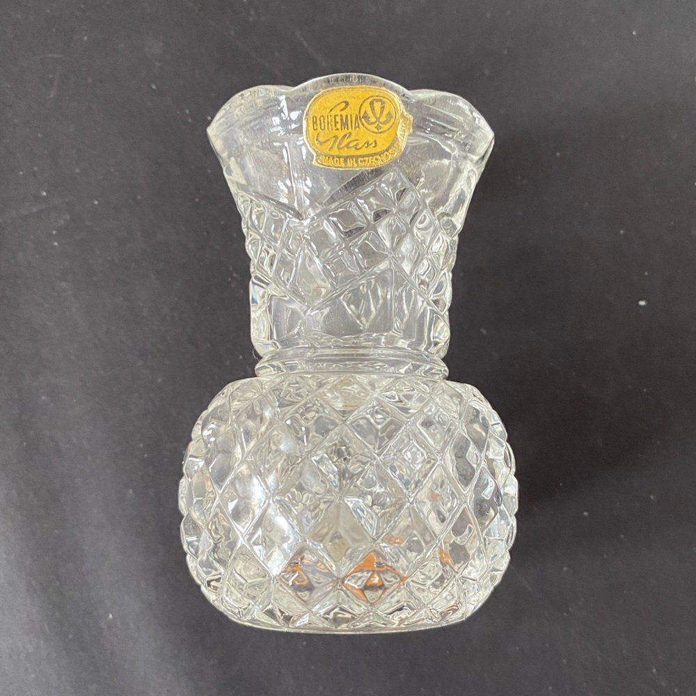 Vintage Bohemia Art Clear Glass Toothpick Holder With Original Sticker